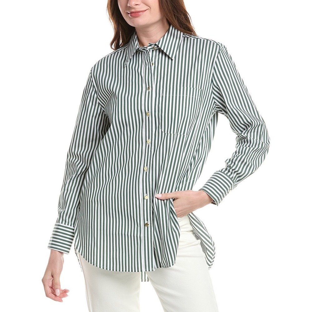 Jude Connally Kimber Shirt Women L Olive White Striped Preppy Coastal Minimalist